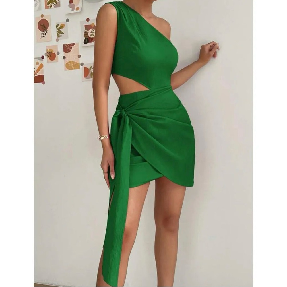 Micas Green One Shoulder- Cutout Tie Dress – Size L – NWT